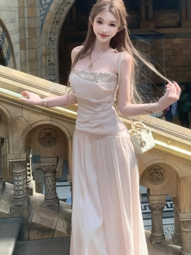 

Elegant Summer Vintage Sequin Sling Women's Dresses Pleated Spaghetti Strap Sleeveless Midi Dress Party Holiday New Vestidos