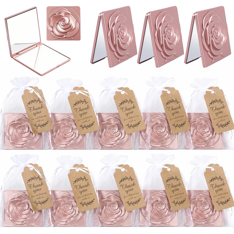 Set de 6/12 Espejos Compactos de Lujo en Oro Rosa con Grabado de Rosas, Bolsa y Etiqueta de Agradecimiento, Regalo Perfecto para Bodas, Despedidas de Soltera y Regalos para Invitados ZYF