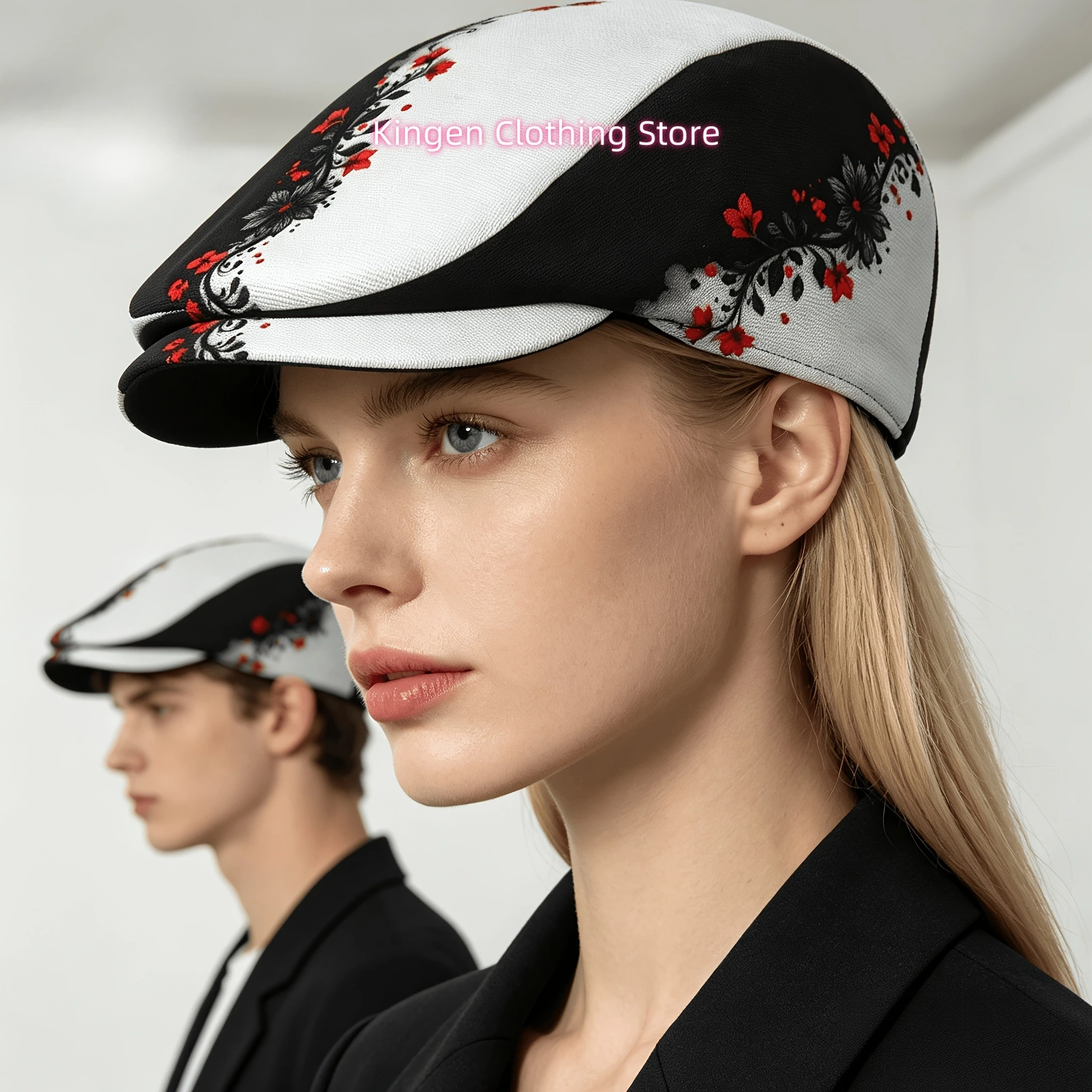 1pc Red Black Floral Swirl All-Over Print Flat-Top Hat Suitable for Men & Women, Retro Newsboy Cap, Beret, Irish Driver Cap, Pai