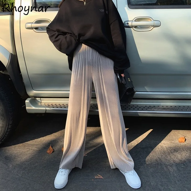 

Solid Pants Women Korean Style Casual Simple All-match Elastic Waist Pleated Design Summer Girls Drape Baggy Popular Slender