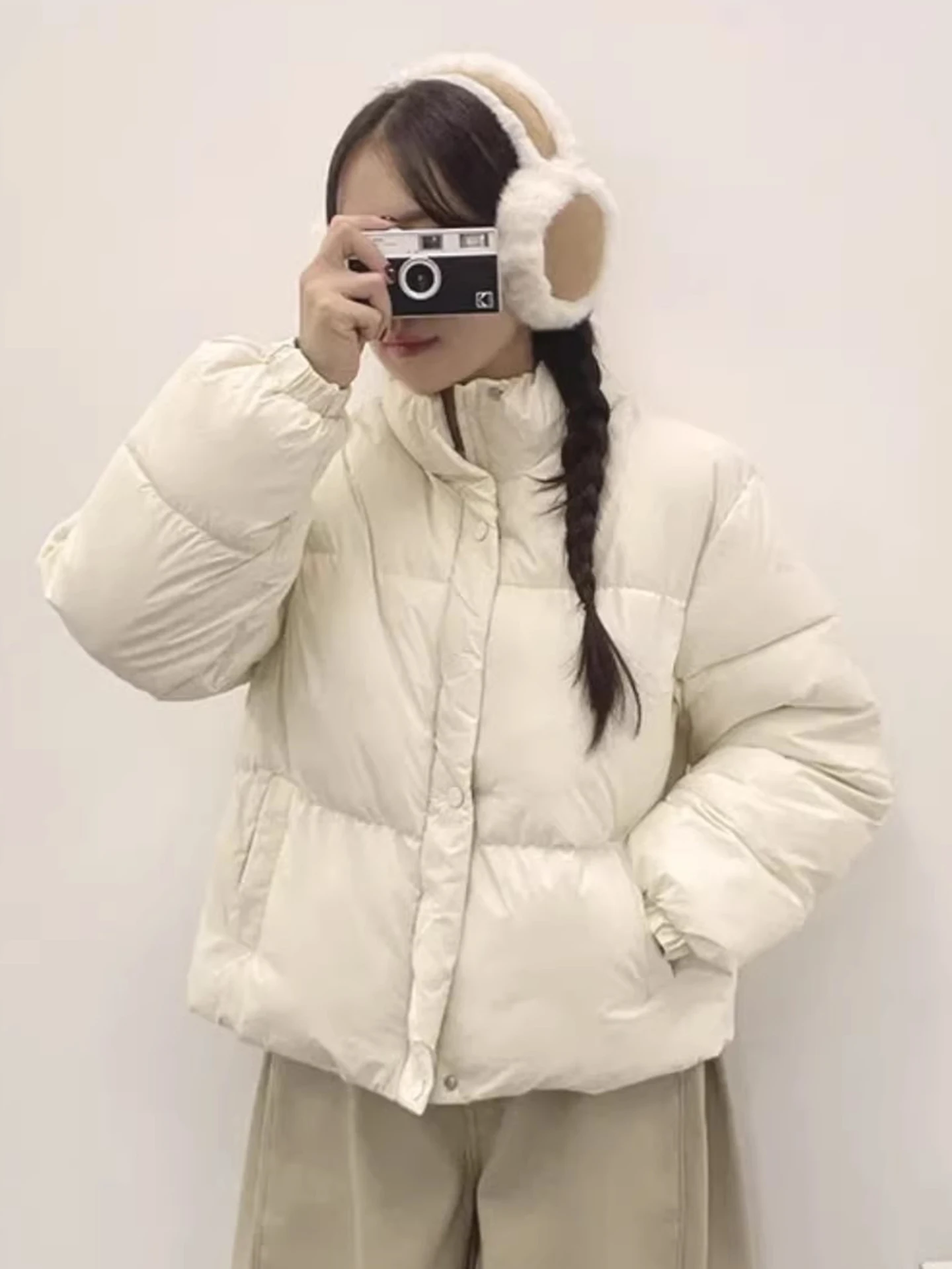 

Теплое однотонное свободное пальто для женщин, осенне-зимнее хлопковое пальто с воротником-стойкой, универсальное корейское пальто