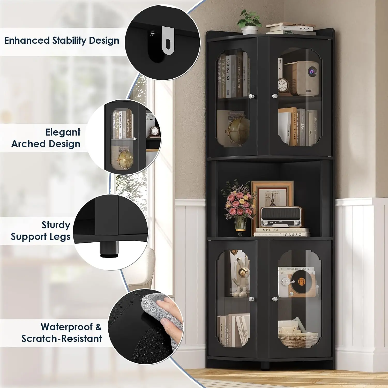 69" Tall Corner Storage Cabinet with Glass Doors, 5-Tier Display Shelf for Small Spaces, Modern Bookshelf for Living Room, Home Office, Kitchen, Black - view 5