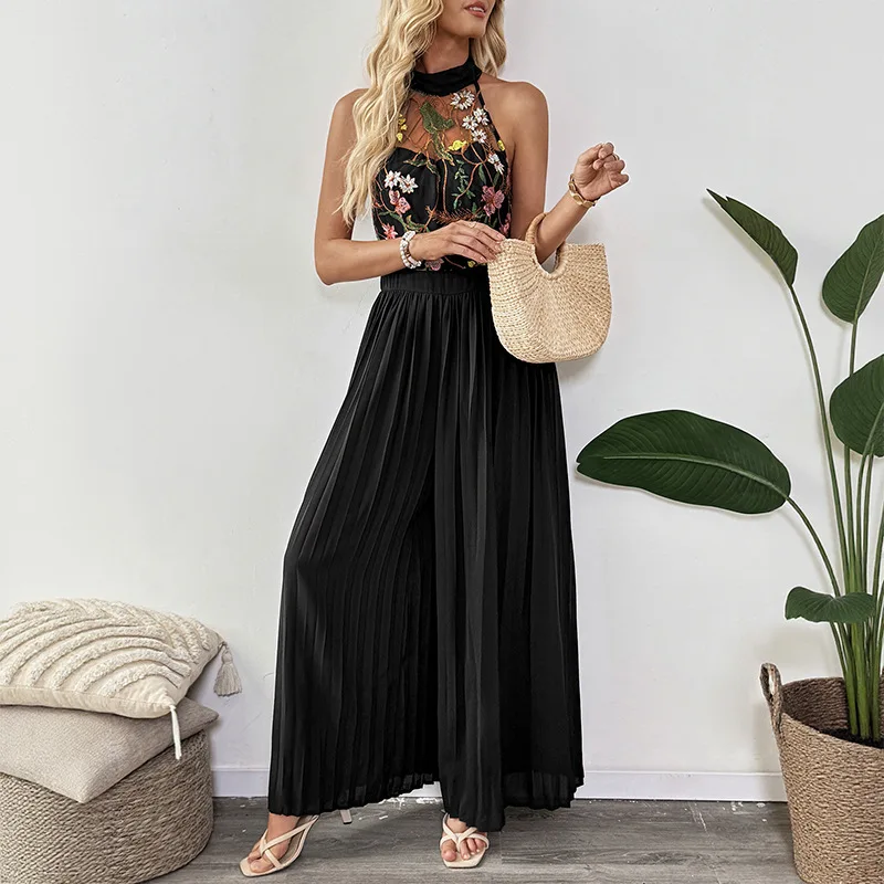 2 Summer See-through Halter Neck Sleeveless Lace Embroidered Stitching Pleated Wide Leg Jumpsuit