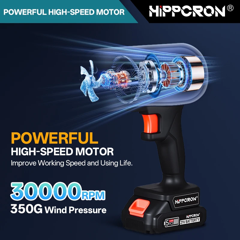 HIPPCRON 21V Cordless Leaf Blower, Lightweight Handheld Electric Blower for Garden Home Car Leaves Dust Snow Ice Cleaning