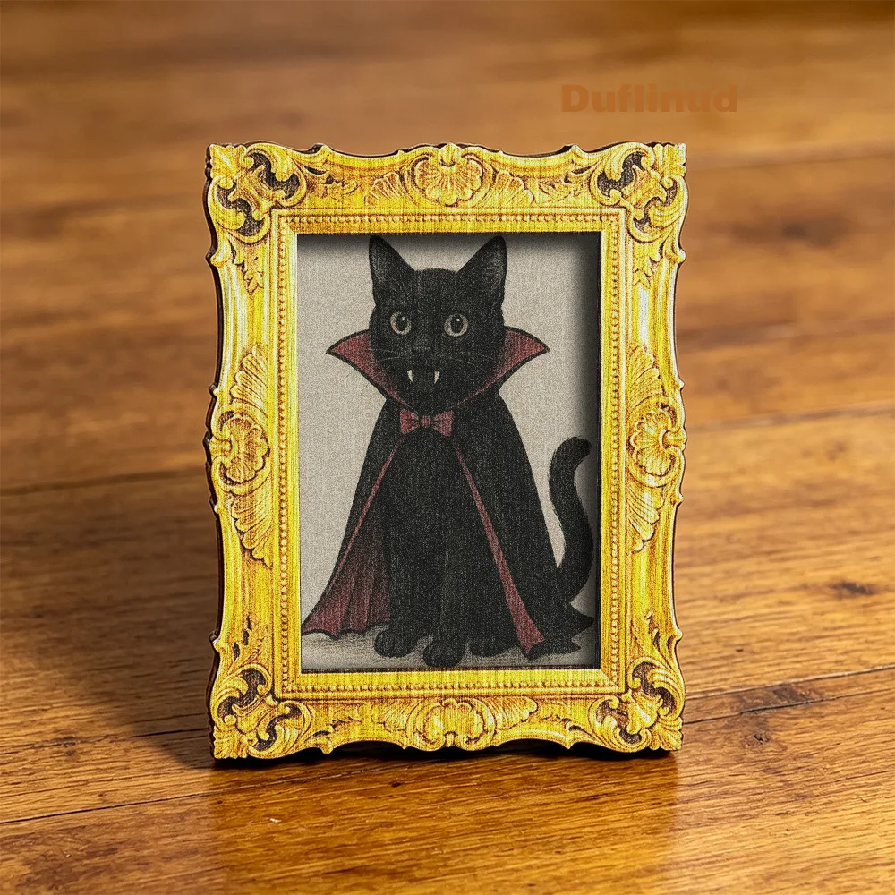 Vintage Golden Frame Vampire Black Cat Wooden Fridge Magnet, Halloween Gothic Cute Decorative Refrigerator Sticker Home Kitchen