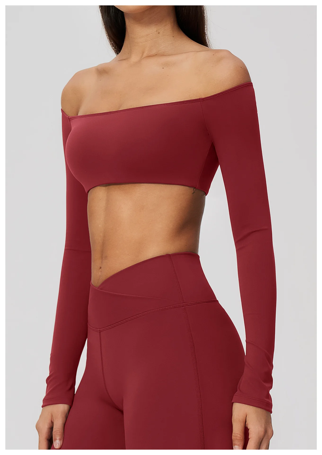 Women Off Shoulder Long Sleeve Yoga Top Slim Fit Crop Top Stretch Sports Shirt Gym Pilates Workout Fitness Training Active Shirt
