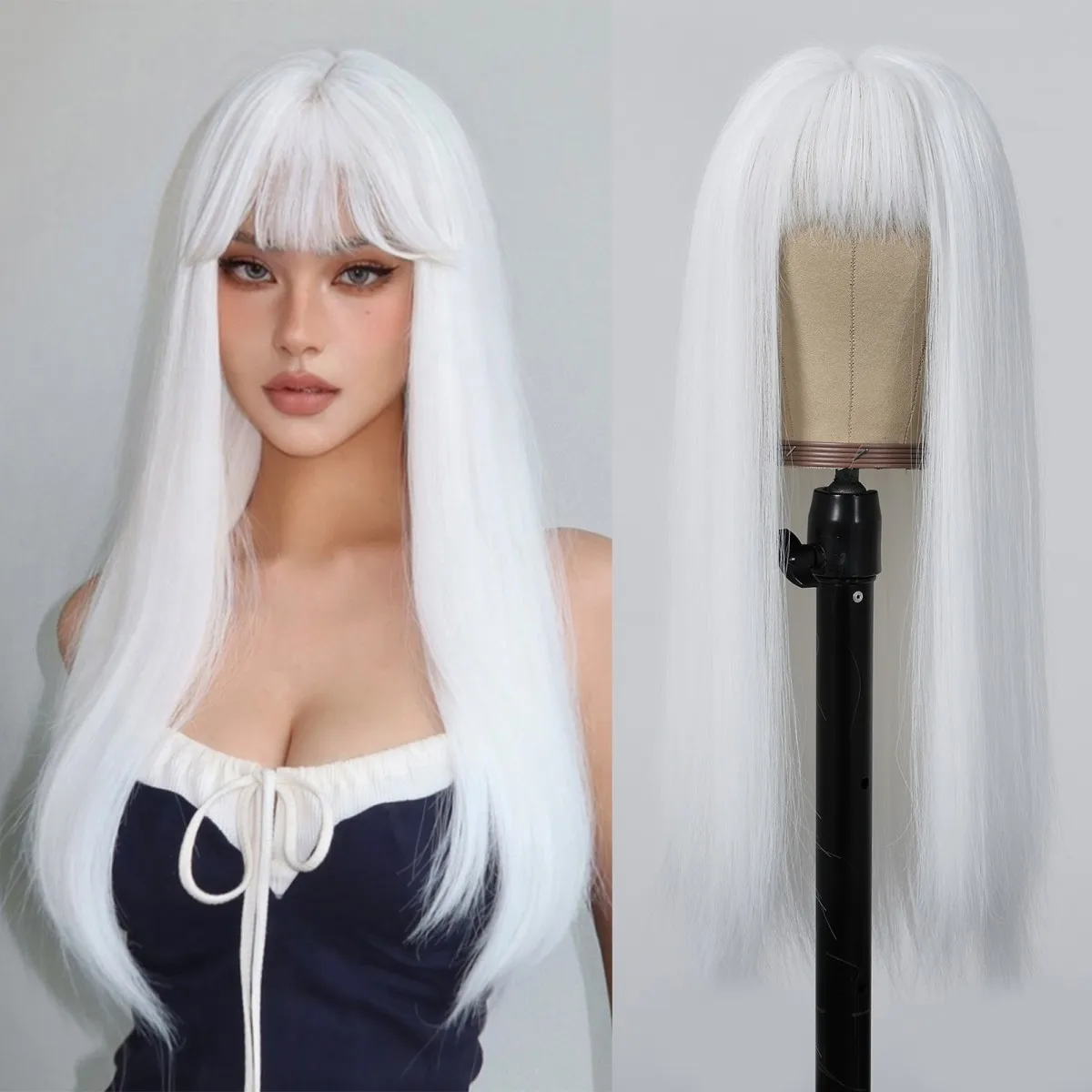 Synthetic White Cosplay Wig Long Straight Blonde Wigs with Bangs Party Lolita Hair Wig for Women Heat Resistant Halloween Hair