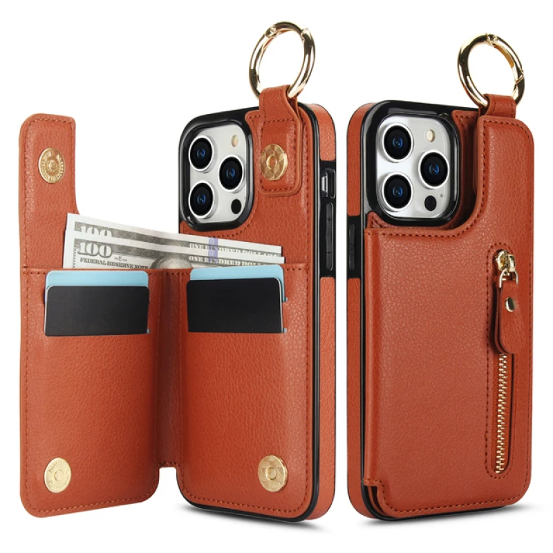 Leather Card Slots Wallet Case For iPhone 11 12 13 14 15 Pro Max 14 Plus X 12mini Zipper Double Buckle Seismic Soft Phone Shell