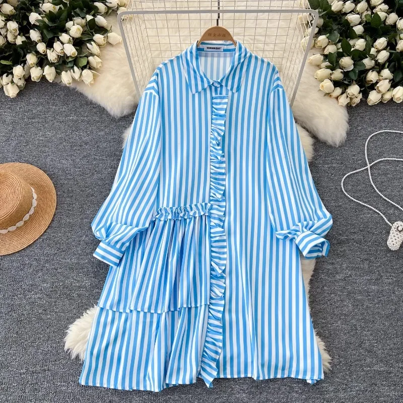 Neploe Niche Pleated Ruffle Edge Striped Dress Femme 2024 Autumn Korean Western-Style Age Reducing Casual Loose Shirt -Vestidos