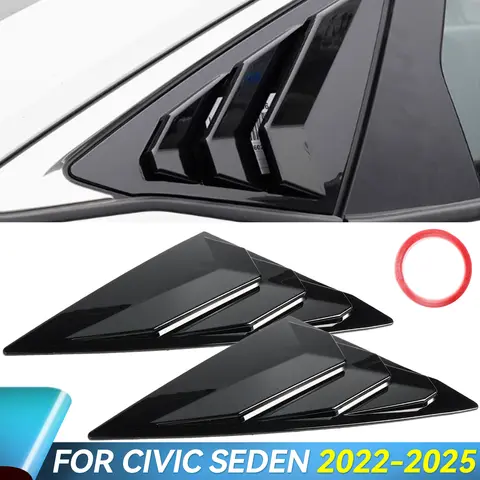 Pair Car Rear Window Louver Vent Cover For Honda Civic Sedan 2022 2023 2024 2025 Gloss Black