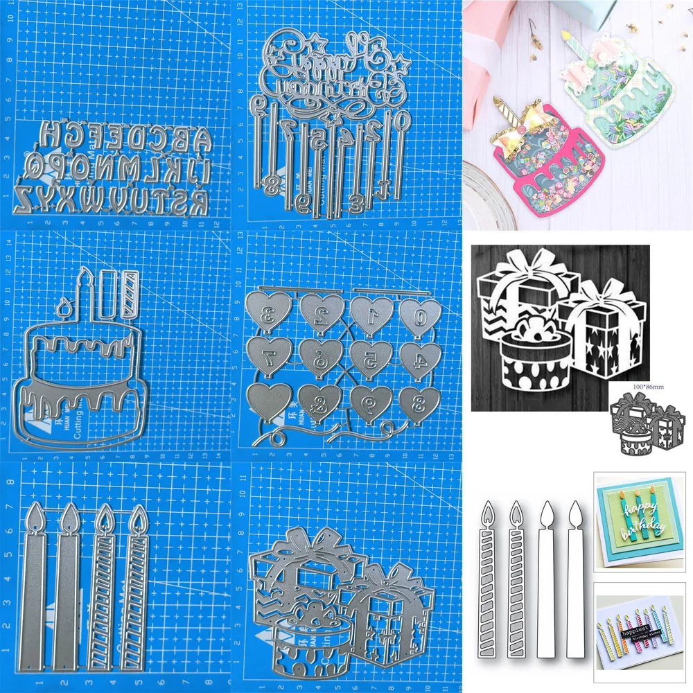 Alles Gute zum Geburtstag Kuchen Kerze Geschenkbox Brief Metall Stanzformen Schablonen Scrapbooking Papier Karte Handwerk Prägung Stanzvorlage