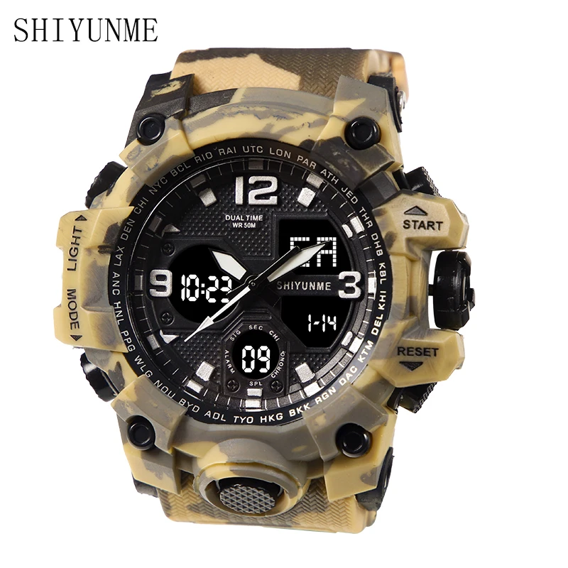 SHIYUNME Camouflage Military LED Digital Watch Men G Style Sports Army Waterproof Dual Display Multi-Time Zone Quartz Men Clock