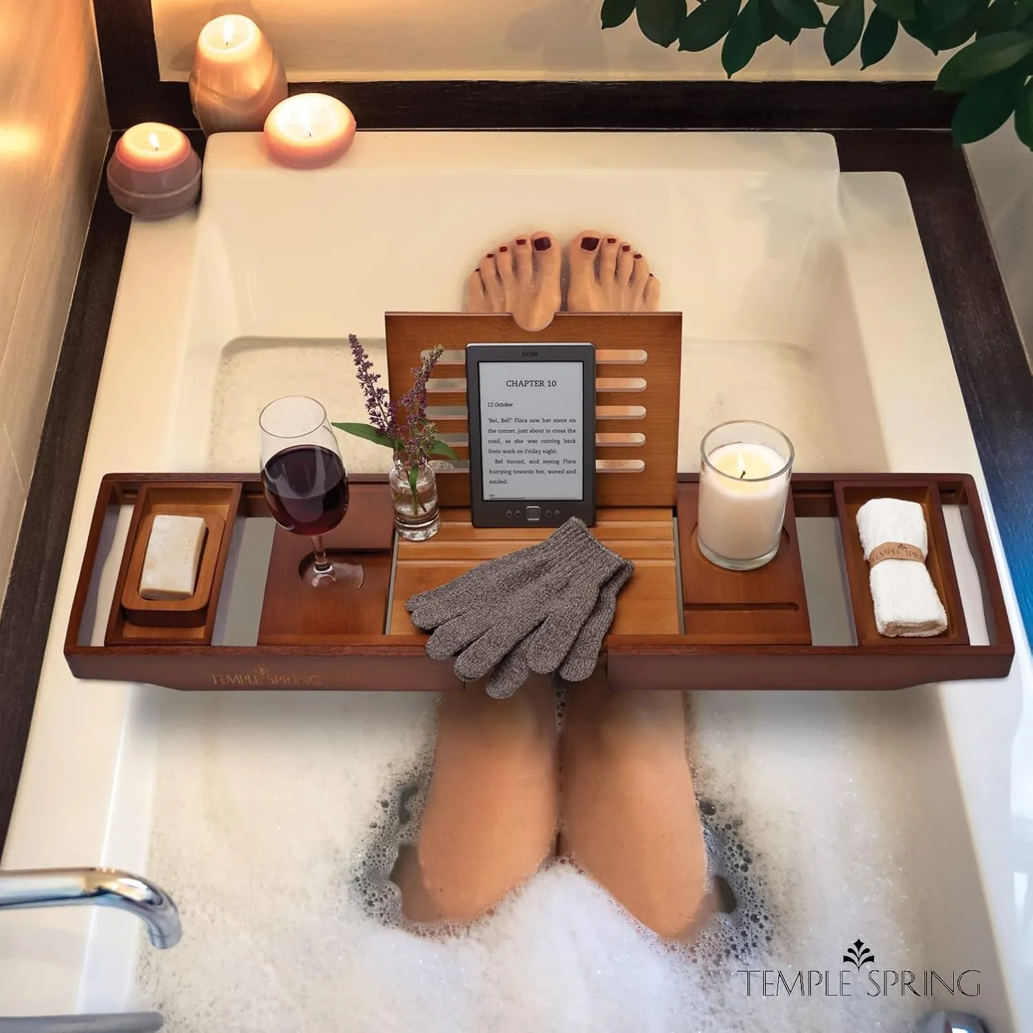 

Wooden Bathtub Tray, Bamboo Bath Caddy with Book Holder, Spa Essentials for Relaxing Home Bathing Experience
