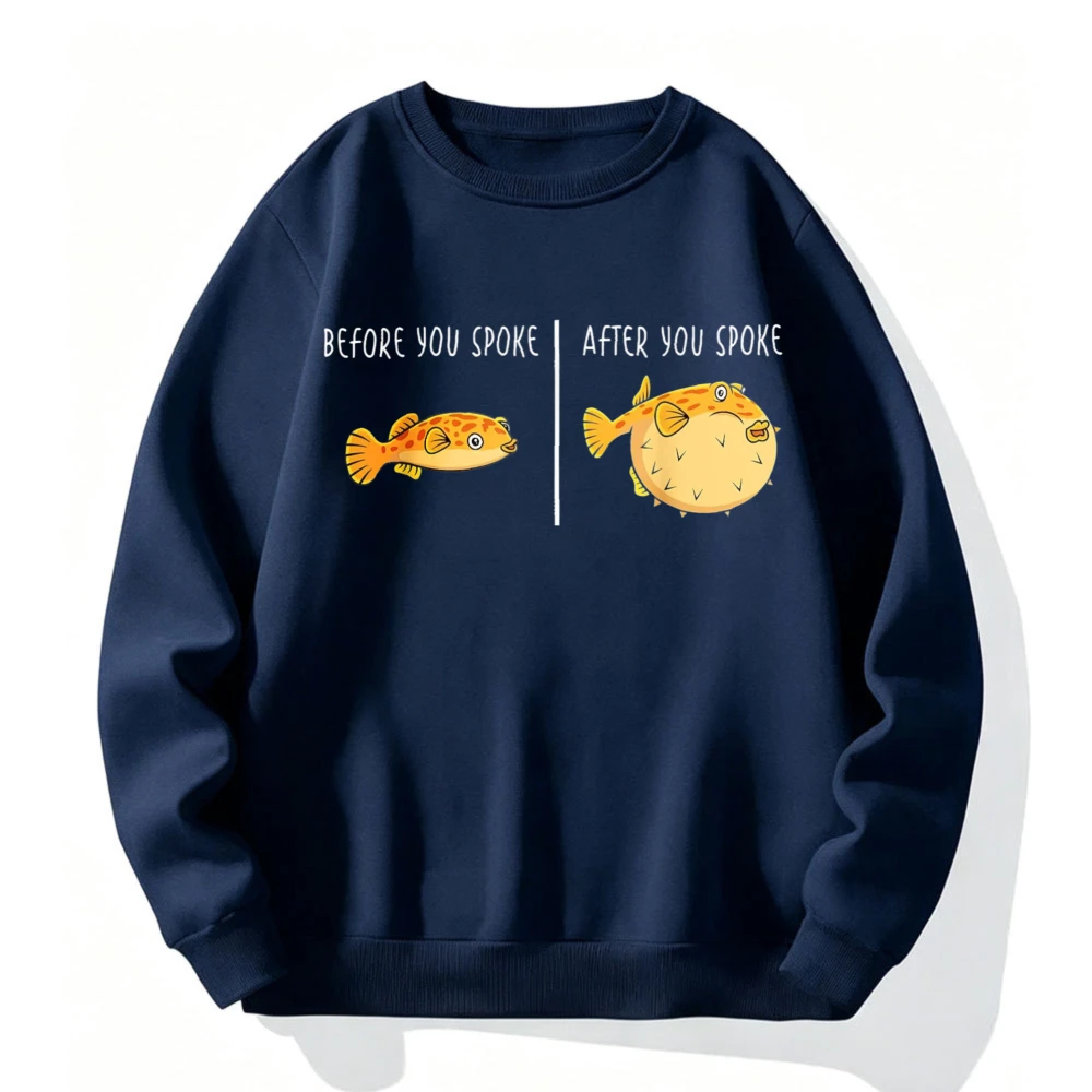 Fun Pufferfish Cartoon Print Round Neck Sweatshirt with Front and Back Opening, Unisex Casual Fishing Pullover Top