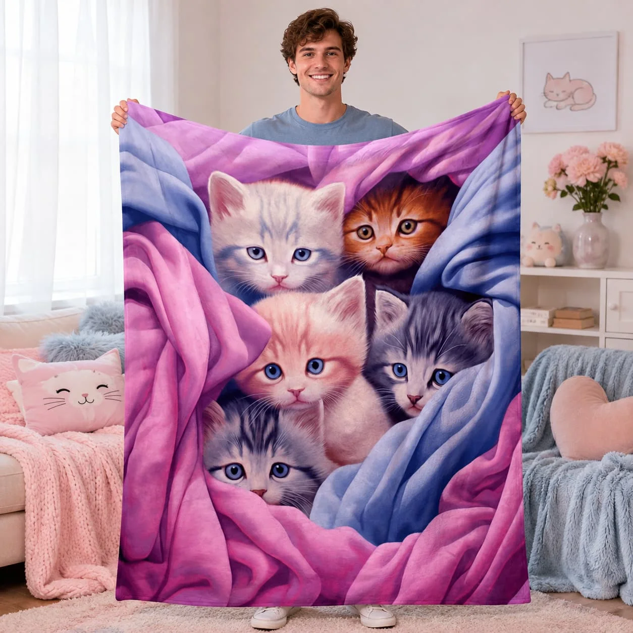 1pc Cozy Cute Kitten Blue and Pink Background Blanket - Lightweight Flannel Throw for Sofa, Office, Couch, Travel, Camping, Bed, Living Room, and Bed - Digital Printing Fleece Blanket with Soft and Warm Flannel Fabric, Gifts for Family or Friends