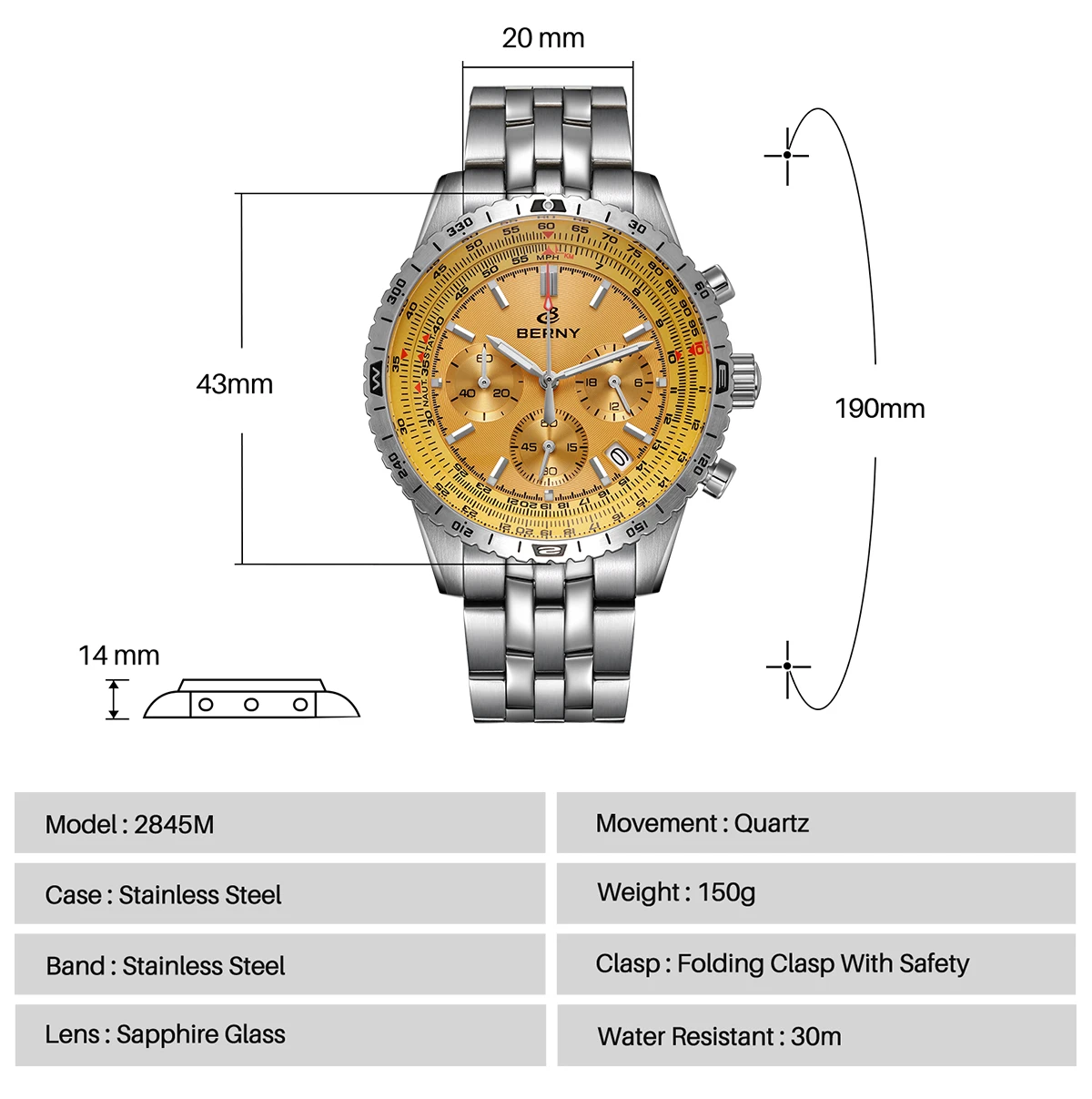BERNY Aviation Herrenuhren Quarz Chronograph Uhr Datum Saphir Super Leuchtend Luxusmarke Dress Herren Armbanduhr – Detail 9
