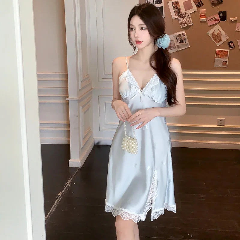 

DAIMELU premium sleepwear blue nightdress women's summer ice silk lace V-neck light luxury loungewear female pajamas nightgown