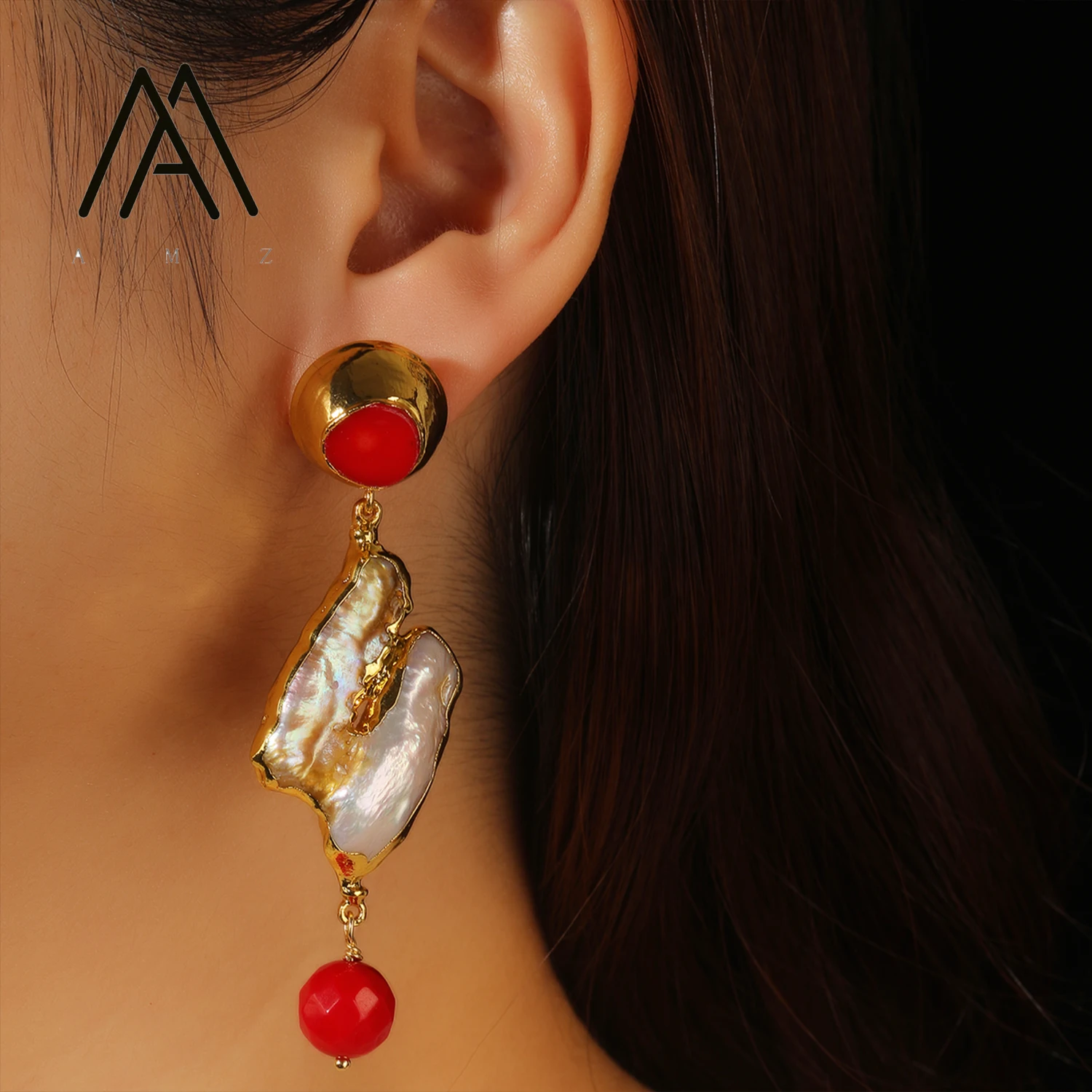 Natural Pearl Women's Earrings Red Coral Luxury Vintage Pendant Studs Gold-Plated Ear Jewelry Wedding Accessories Gift Jewels