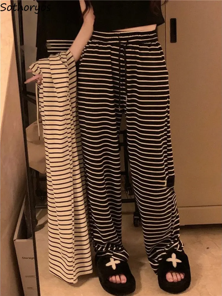 Wide Leg Pants Women Soft Loose Striped Leisure Spring High Waist Korean Style Trendy Ulzzang Harajuku Street Simple Full Length