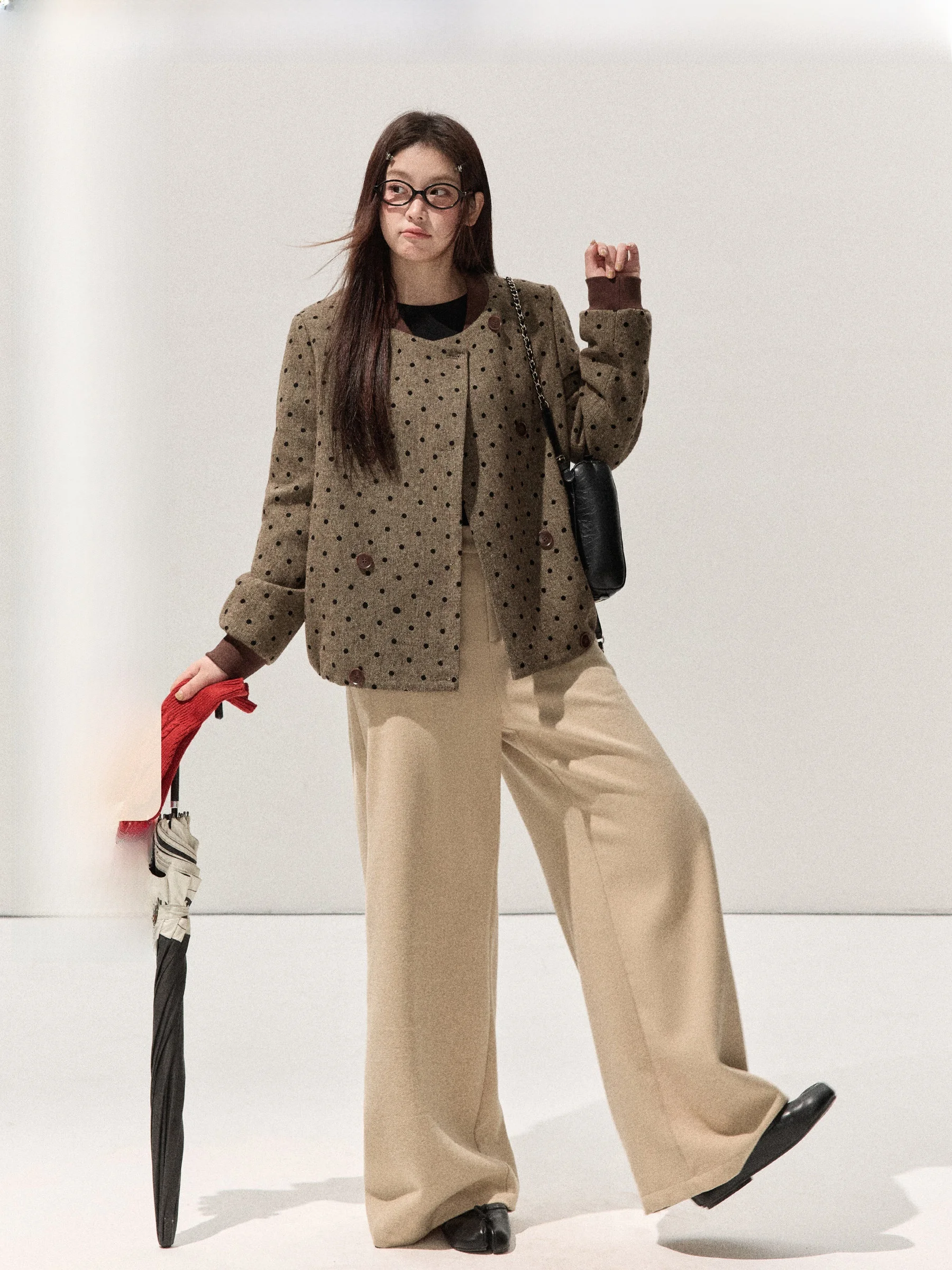 

Пальто шерстяное оверсайз в горошек JULULOOK Studio Chacara North Island для полных женщин, корейский стиль, зимнее