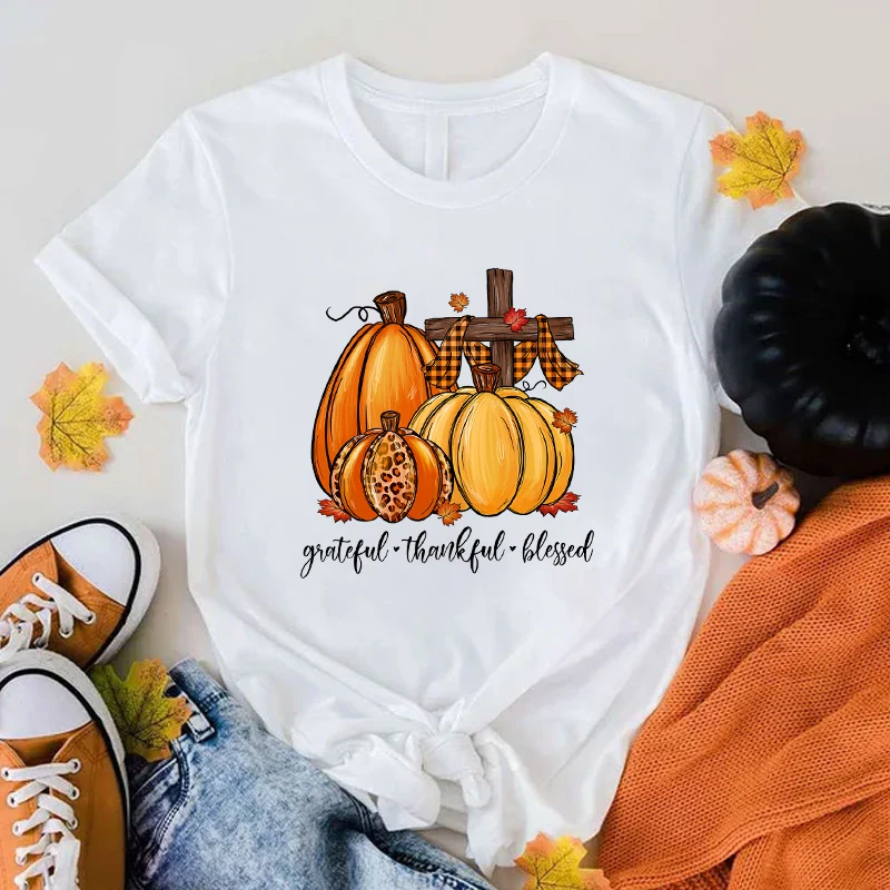 New Unisex Fashion O Neck Tops Fall Pumpkin Grateful Thankful Blessed Printing Shirt Short Sleeve T Shirt Casual Shirt Summer T