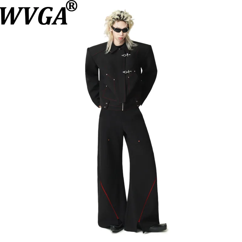 WVGA Spring Autumn New Men Dark Style Zipper Design Trendy Short Jacket Niche Chic Casual Wide-leg Pants 2 Pieces Set Ins W27878