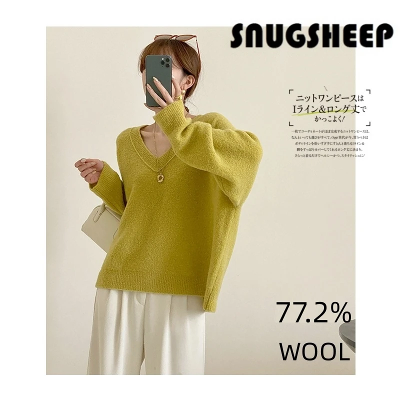 elegante v neck women wool clothes yellow top sweater womens winter sweaters white tops korean style woman oversized aesthetic