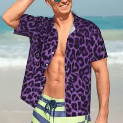 Hawaiian Shirt Beach Purple Leopard Blouses Animal Print Classic Casual Shirts Men Short Sleeve Harajuku Top