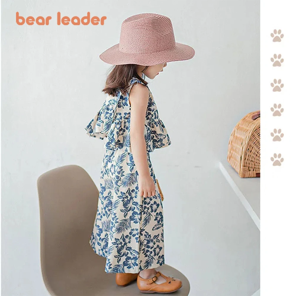 Bear Leader Girls Netflix Tops Wide-legged Pants Set Summer 2023 New Fashion Temperament Retro Floral Two-piece Girls Clothing