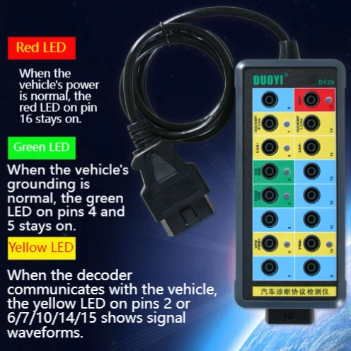 

DY29 For OBDII Protocol Tester for Vehicle Power System with LED Color Coded Status Indicators and Multimeter Support