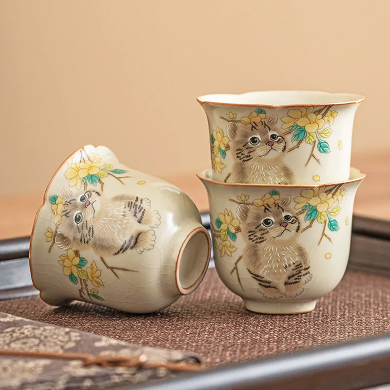 

Ru Kiln Cute Cat Tea Cup Single Household Hospitality Ceramic Kung Fu Tea Set