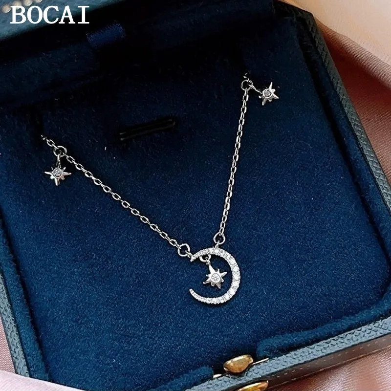 

BOCAI S999 Sterling Silver Light Luxury Niche Star Moon Necklace Pendant Women's Style