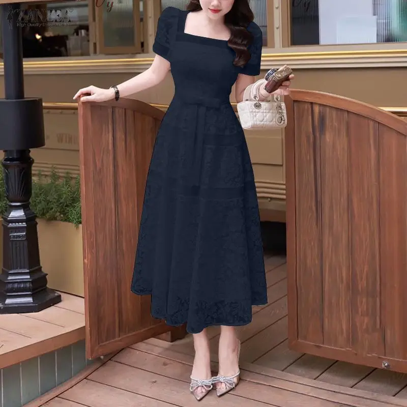 ZANZEA Elegant Women Square Collar Long Dress Short Sleeve Lace Patchwork Midi Vestidos Sexy Summer Holiday Party Sundress Robe