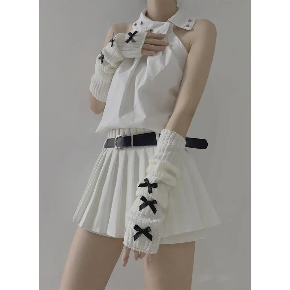PUNK Lolita Bowknot แขนอุ่นญี่ปุ่น Harajuke Gothic แขน Y2K หวานถักแขนยาว Fingerless Mittens สําหรับผู้หญิง