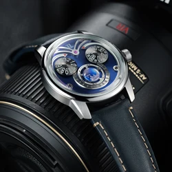 OBLVLO Luxury Sharp Eagle Eyes Earth Subdial Mechanical Watch Super Blue Light Leather Strap Waterproof Automatic Watch JM-EAGLE