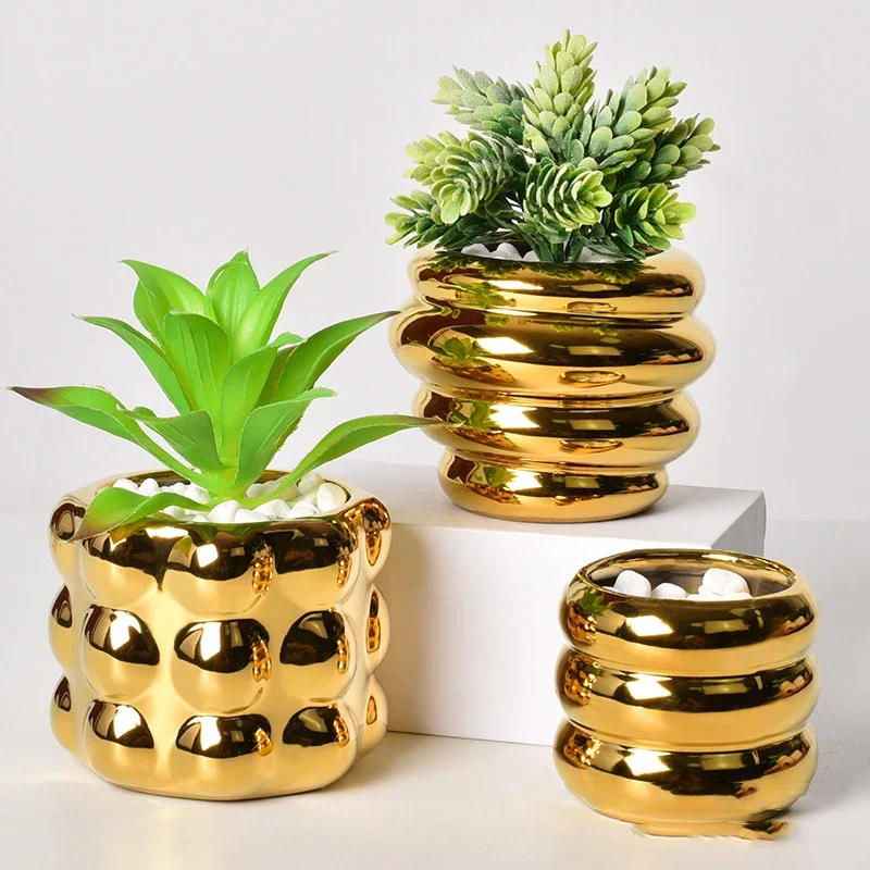 Nordic Electroplated Golden Ceramic Flowerpots Creative Fleshy Green Plantpots Light Luxury High Sense Ornaments Flowerpots - view 3