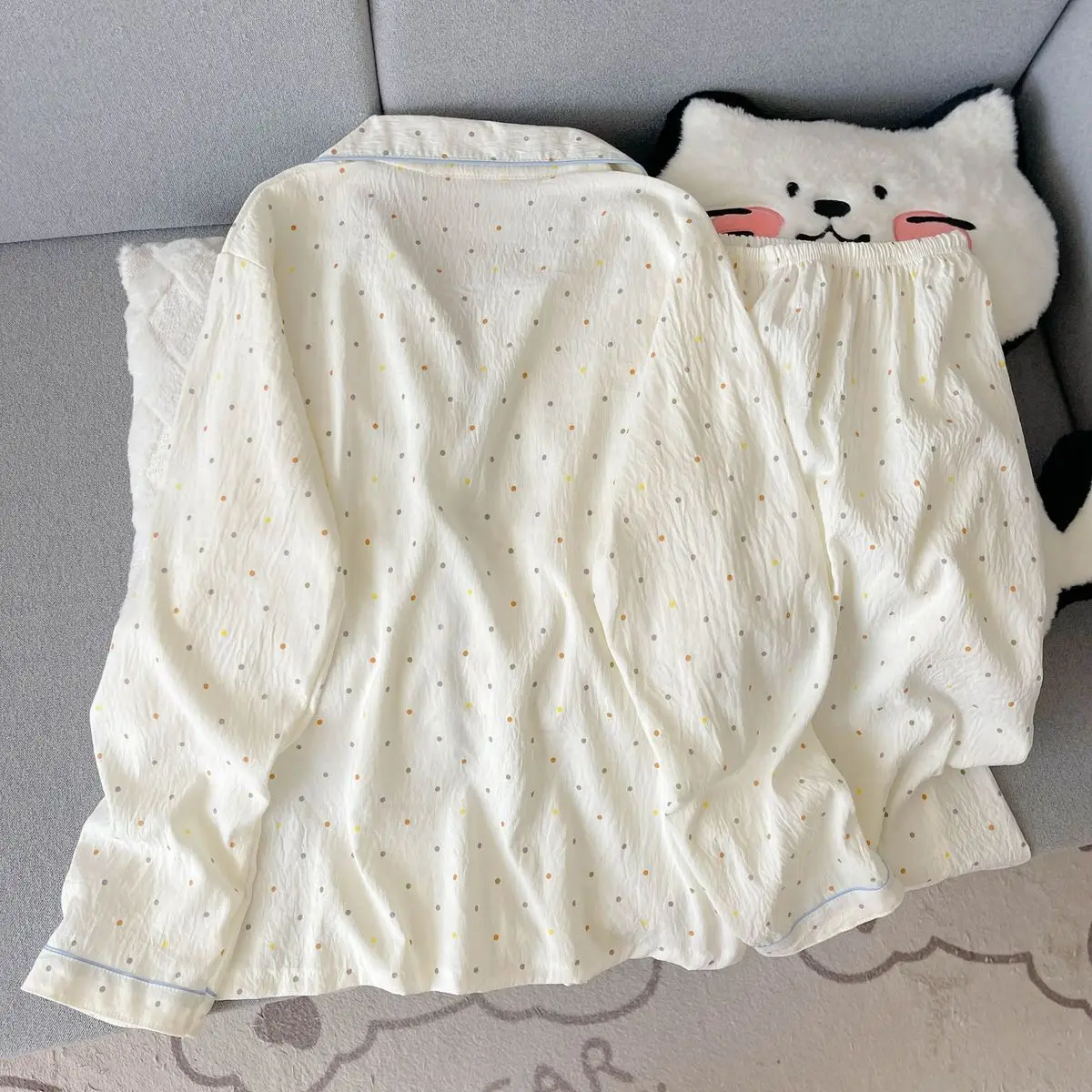 Women's Pajama Set 2 Piece Long Sleeve Full Length Pants Button Down Lapel Collar Polka Dot Sleepwear Pyjama Loungewear Homewear