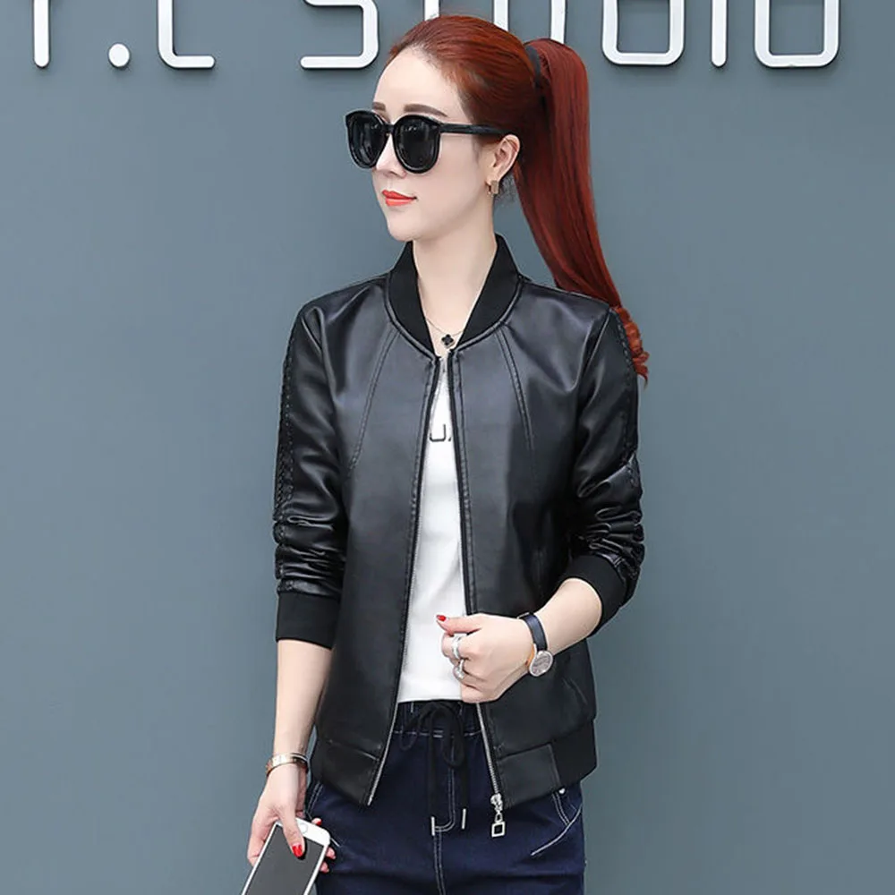 Short Coat Women In The Spring And Autumn Of 2024, The New Slim Stand-up Collar Baseball Uniform Fleece Warm Wild Leather Women