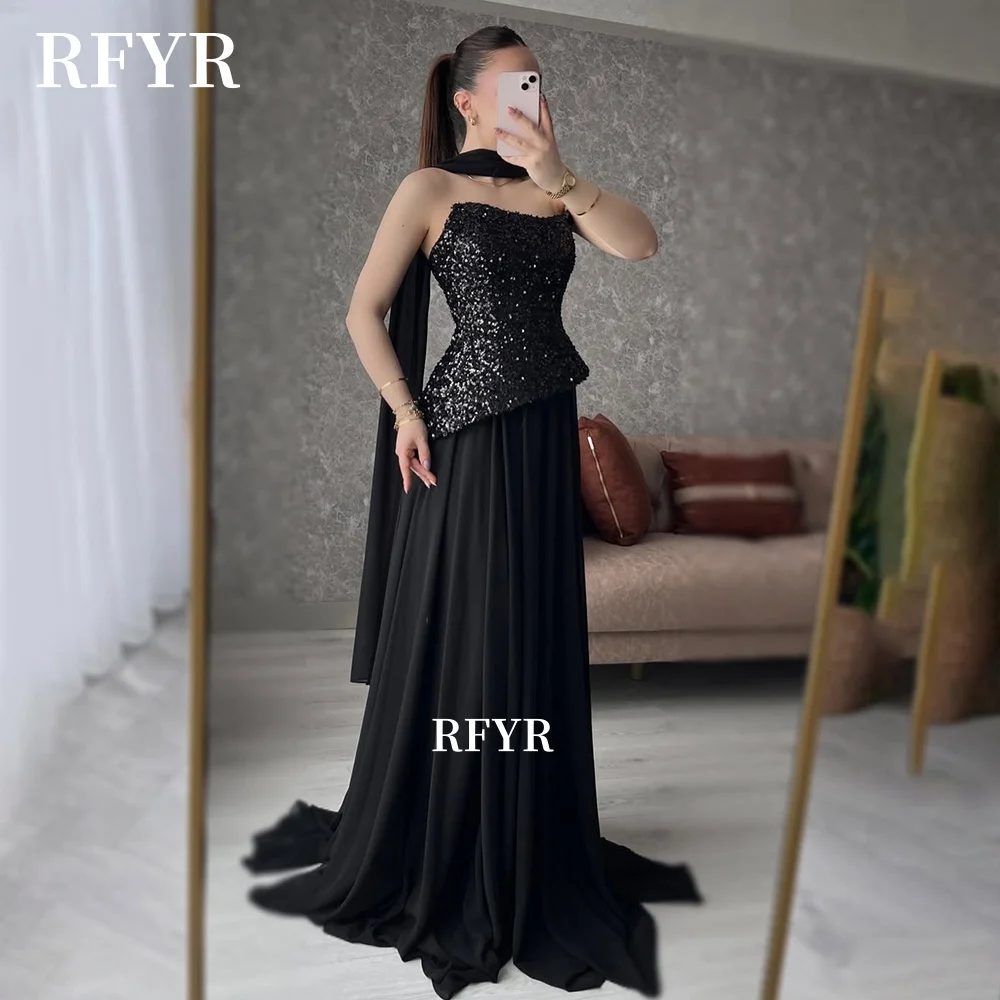 

RFYR Black A Line Prom Dress with Scarf Sequined Party Dress Strapless Evening Dress for Women Vestidos Customized