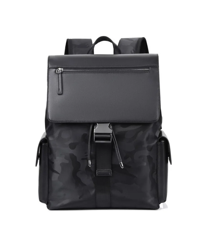 Gray black leather flap backpack with drawstring closure hidden anti theft pocket smooth matte surface for daily work school