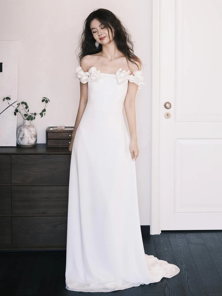 

Simplified Wedding Dr Satin One oulder Brideom Registration Ceremony Slimming Fi Tail White Morning Robe Ceremony