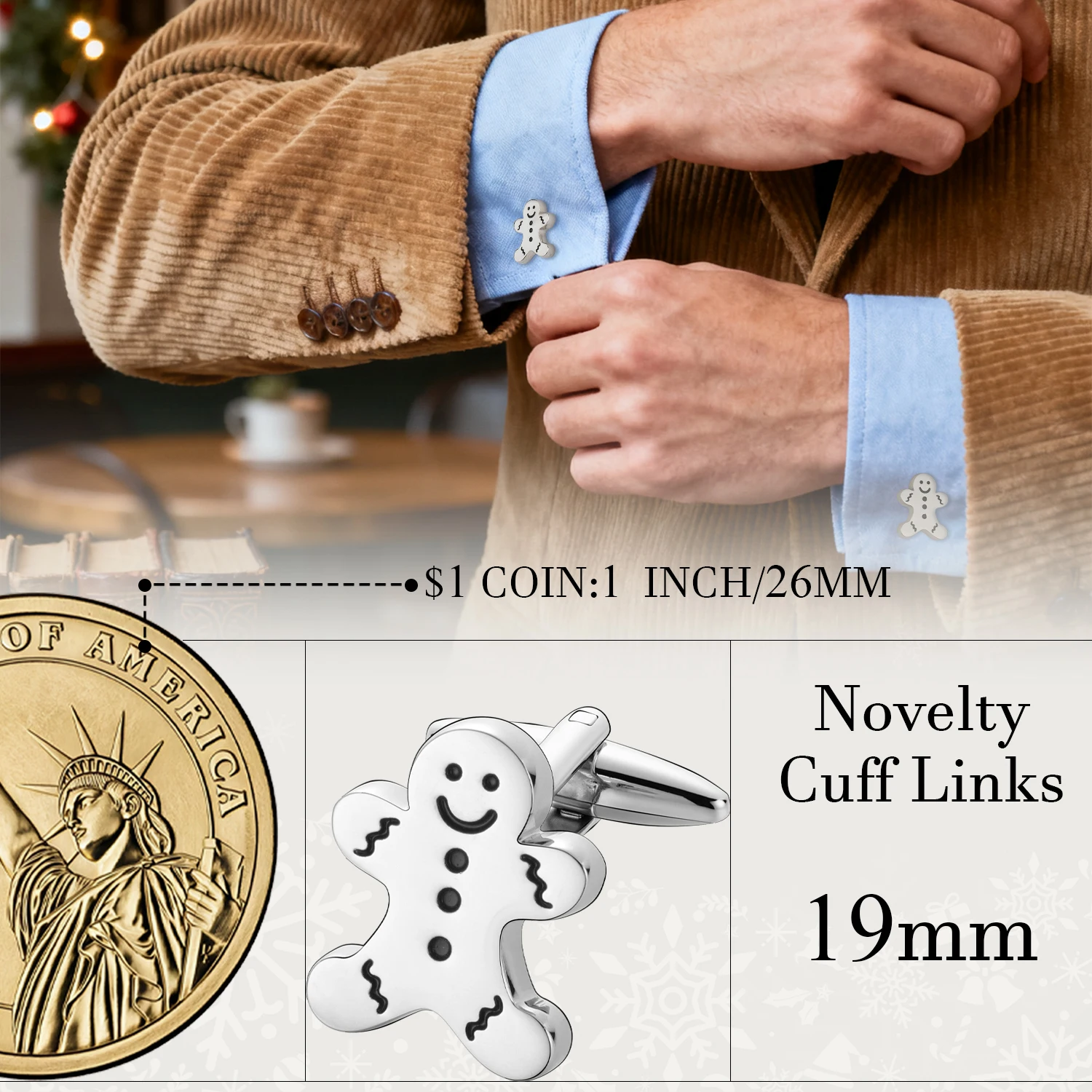 Novelty Gingerbread Man Cufflinks for Men 19mm Christmas Themed Shirt Cufflinks Festive Party Gift Enamel Cuff Links