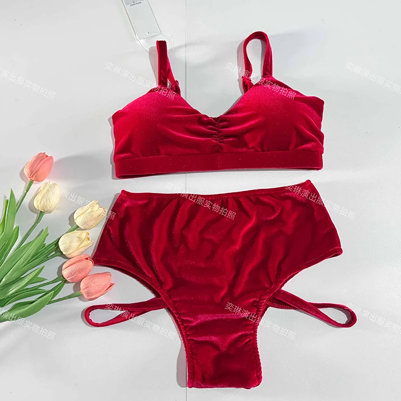 

2025 разноцветная бархатная одежда для танцев на пилоне для женщин, сексуальные комплекты бикини, современные танцевальные костюмы для выступлений, диджеев, DQS19078