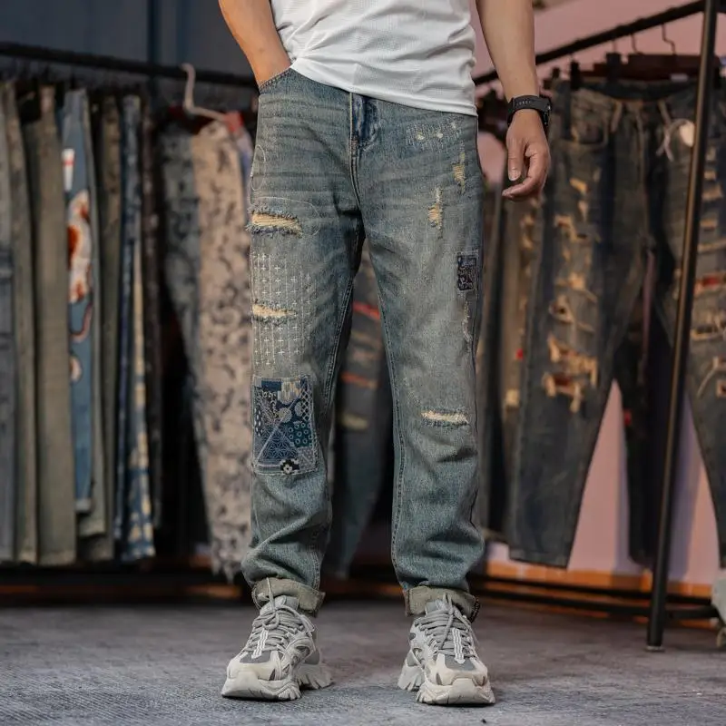 Men\'s Trendy American High Street Ripped Scraped Patch Patch Cloth Straight-leg Casual Jeans Trousers