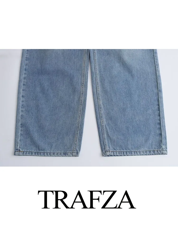 TRAFZA 2024 Female Fashion Straight Pants Solid High Waist Pockets Buttons Decorate Zipper Jeans Autumn Long Pants Woman Trendy