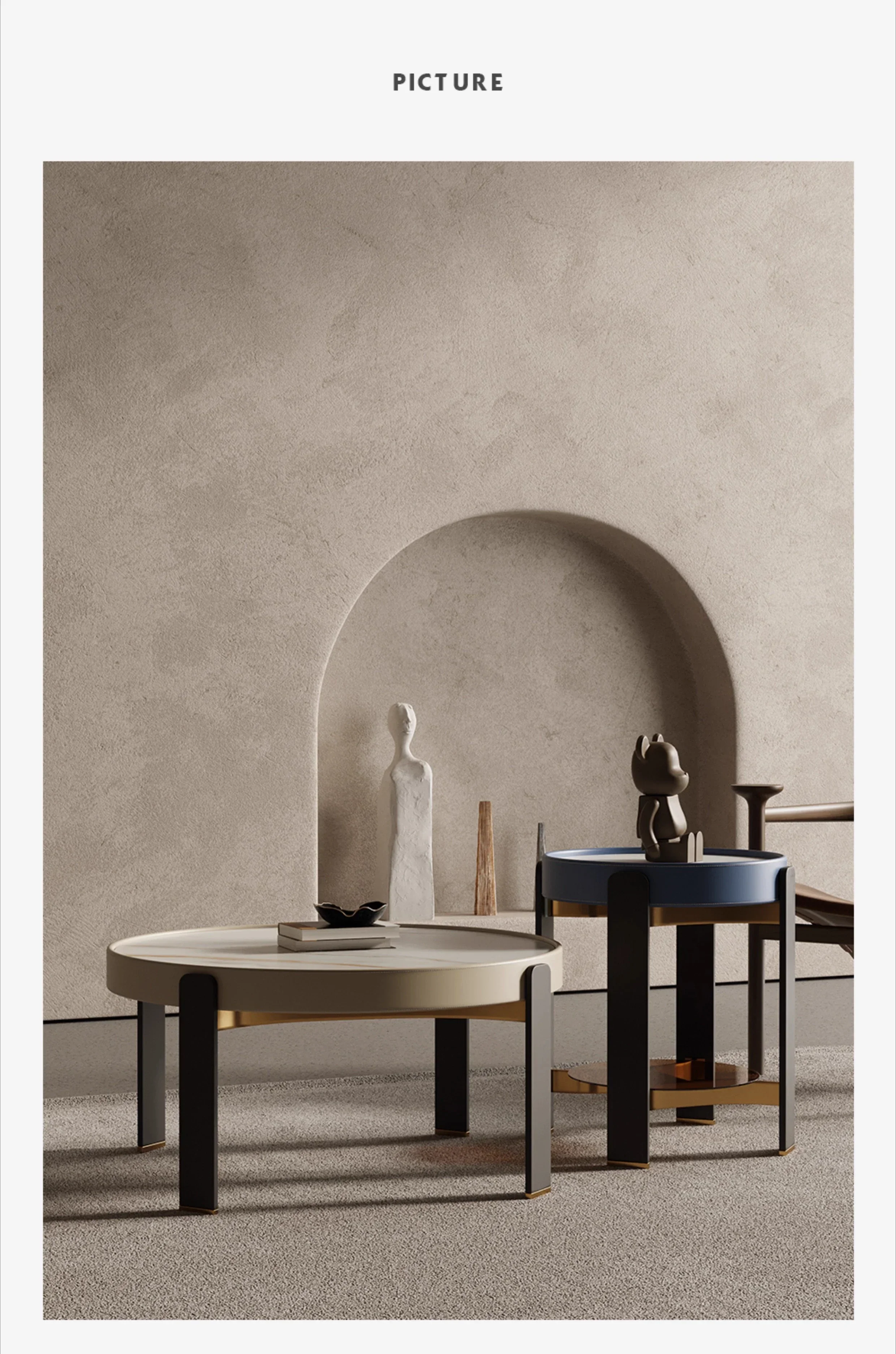 طاولة قهوة مستديرة من بلاطة الصخور لغرفة المعيشة، طاولة قهوة فاخرة وحديثة وبسيطة مصنوعة من الجلد #2