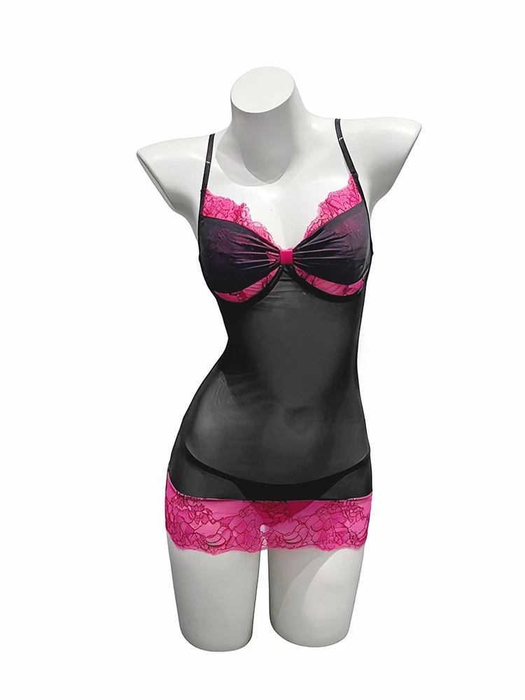 

Sexy High-end Camisole Bodycon Dress Lace Black and Pink Patchwork Bodycon Dress Lace Trimmed Mesh Splicing Transparent