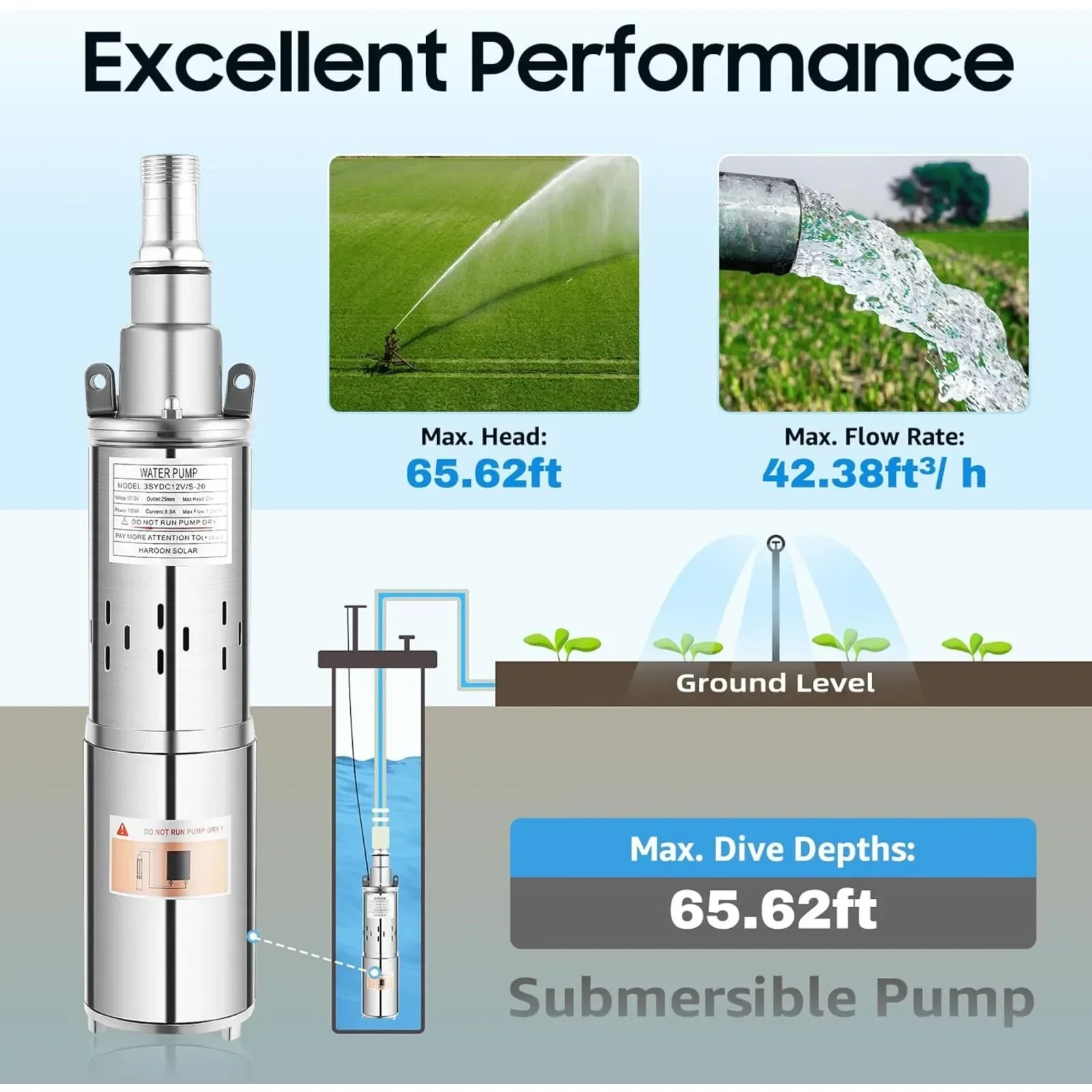 

12 V 180 W Stainless Steel Fountain Pump Max. Flow 1.2 m³/h Submersible Pump Max. Delivery Head 20 m Pipe Pump for Fountains