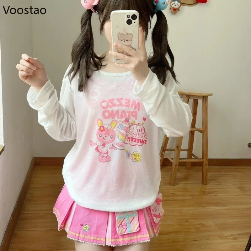 

Sweet Y2k Lolita T-Shirts Women Clothing Cartoon Print Long Sleeve Thin Tops Japanese Kawaii See Through Fashion Summer Tees