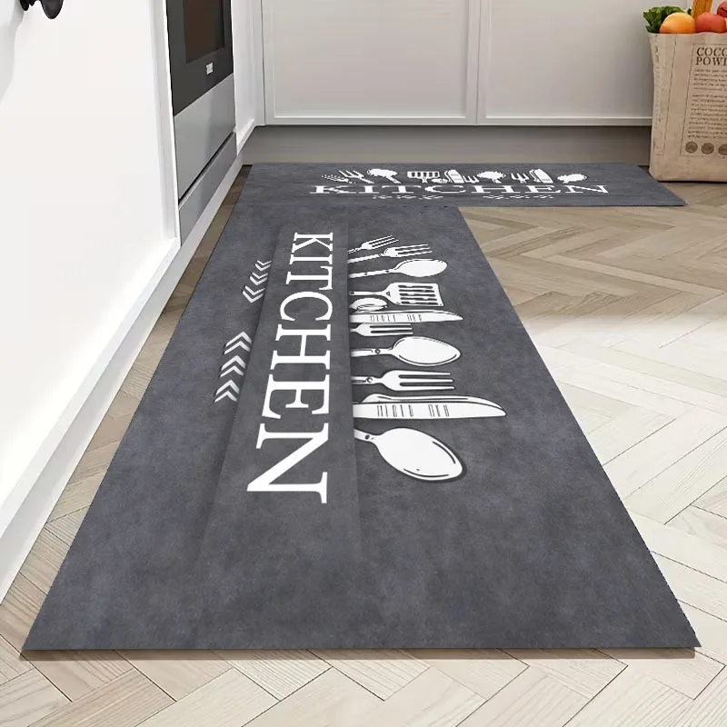 Nordic Easy Tableware Printed Gray Kitchen Mat, Non-Slip Water-Absorbing Easy to Clean And, Home Kitchen Doorway Long Strip Foot Mat, And Moisture-Proof Tech Fabric Material, Practical Kitchen Decor Double-Use Mat